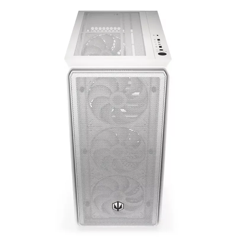 PC Midi Tower korpuss ENDORFY ARX 500 ARGB balta — rūdīts stikls, atbalsta ATX/Micro-ATX/Mini-ITX, 3x140mm priekšā + 1x140mm aizmugurē, 1×3,5 collu + 6×2,5 collu nodalījumi