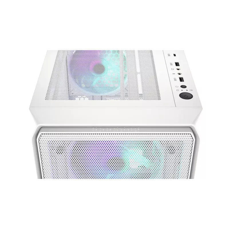 PC Midi Tower korpuss ENDORFY ARX 500 ARGB balta — rūdīts stikls, atbalsta ATX/Micro-ATX/Mini-ITX, 3x140mm priekšā + 1x140mm aizmugurē, 1×3,5 collu + 6×2,5 collu nodalījumi