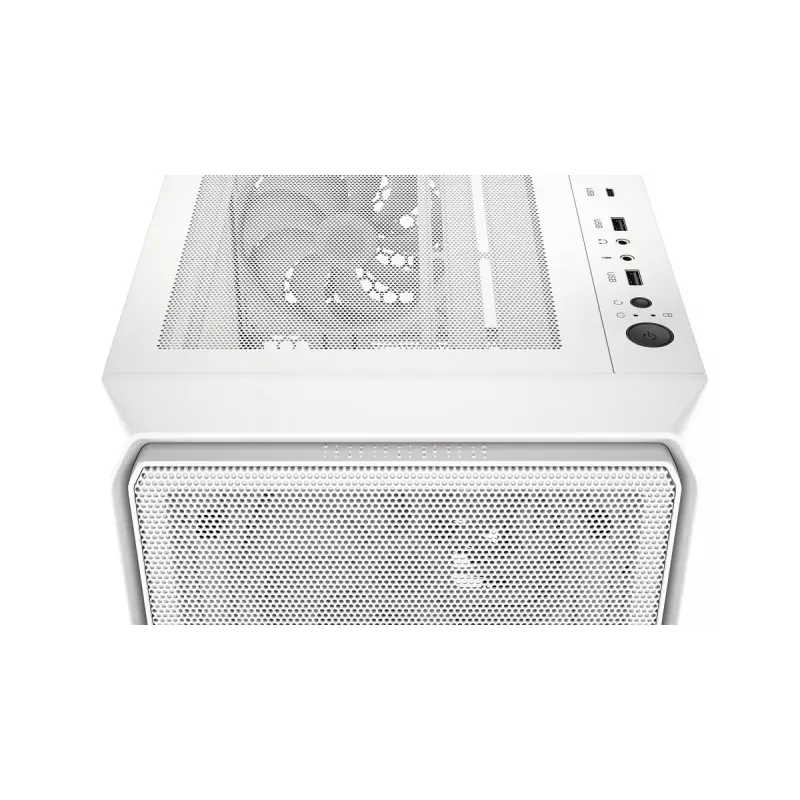 PC Midi Tower korpuss ENDORFY ARX 500 ARGB balta — rūdīts stikls, atbalsta ATX/Micro-ATX/Mini-ITX, 3x140mm priekšā + 1x140mm aizmugurē, 1×3,5 collu + 6×2,5 collu nodalījumi