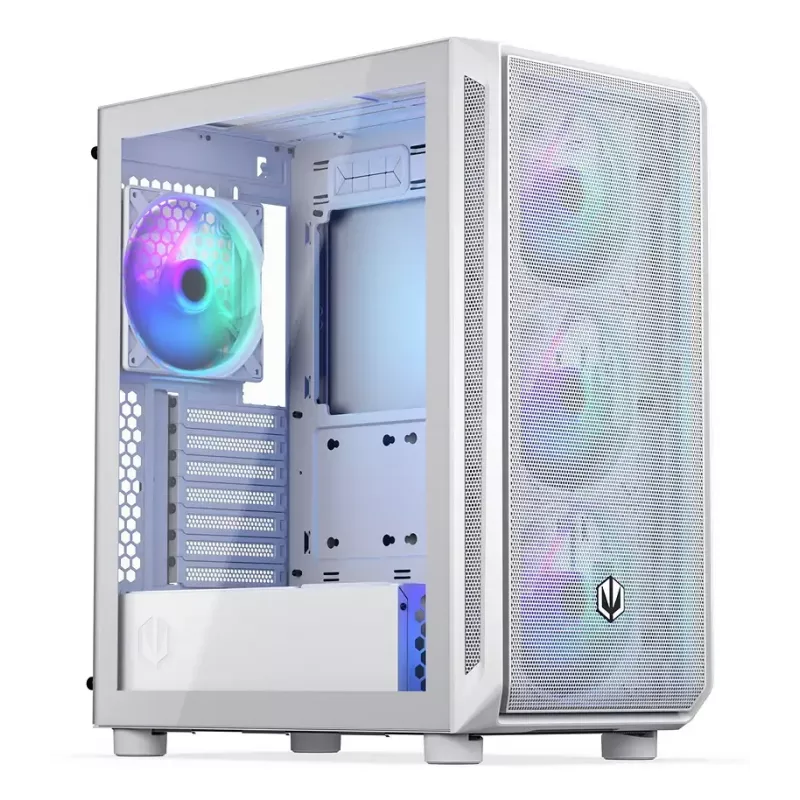PC Midi Tower korpuss ENDORFY ARX 500 ARGB balta — rūdīts stikls, atbalsta ATX/Micro-ATX/Mini-ITX, 3x140mm priekšā + 1x140mm aizmugurē, 1×3,5 collu + 6×2,5 collu nodalījumi