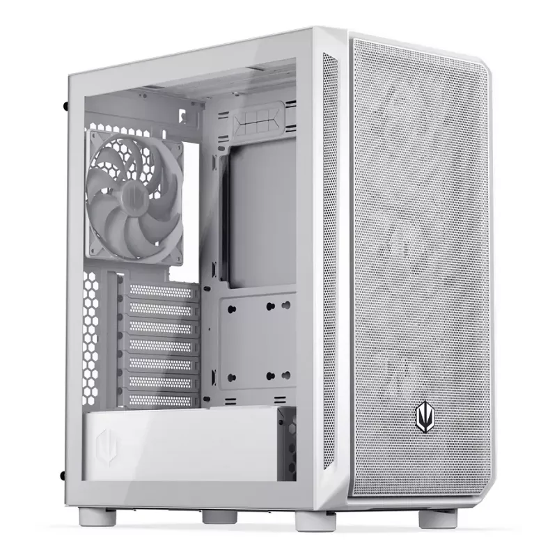PC Midi Tower korpuss ENDORFY ARX 500 ARGB balta — rūdīts stikls, atbalsta ATX/Micro-ATX/Mini-ITX, 3x140mm priekšā + 1x140mm aizmugurē, 1×3,5 collu + 6×2,5 collu nodalījumi