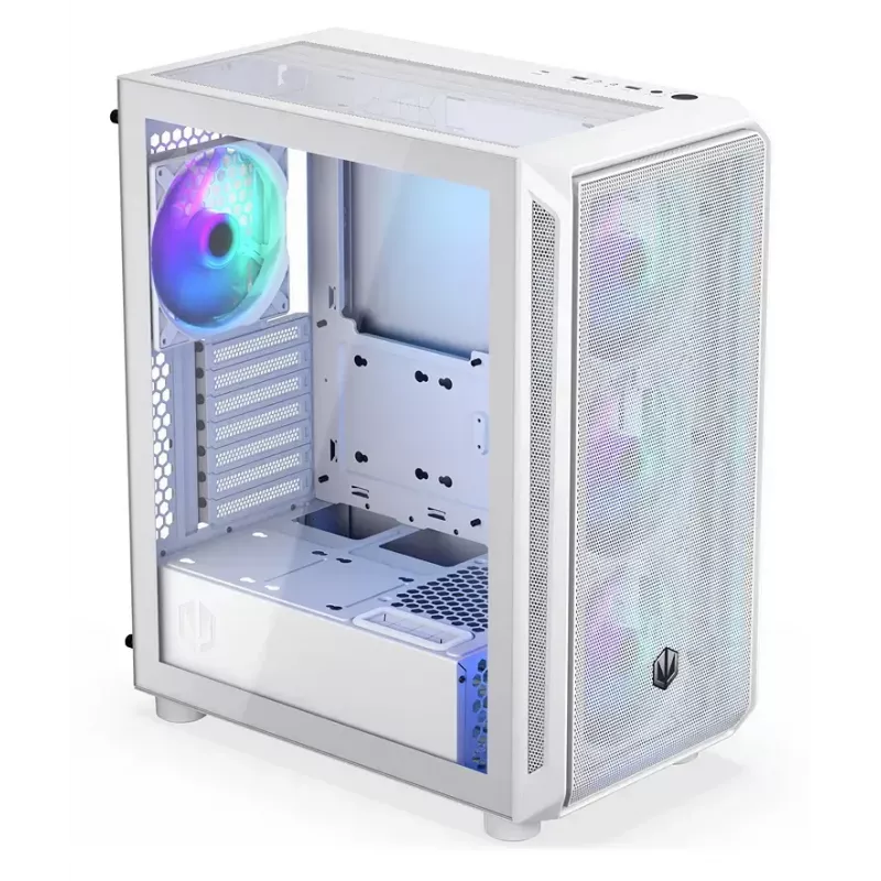 PC Midi Tower korpuss ENDORFY ARX 500 ARGB balta — rūdīts stikls, atbalsta ATX/Micro-ATX/Mini-ITX, 3x140mm priekšā + 1x140mm aizmugurē, 1×3,5 collu + 6×2,5 collu nodalījumi