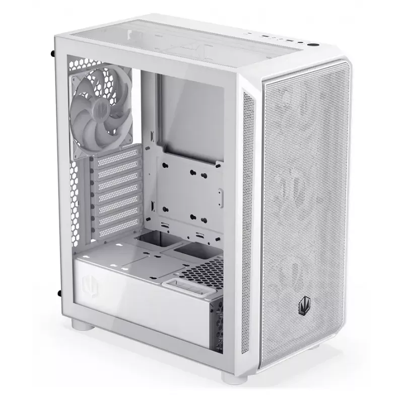 PC Midi Tower korpuss ENDORFY ARX 500 ARGB balta — rūdīts stikls, atbalsta ATX/Micro-ATX/Mini-ITX, 3x140mm priekšā + 1x140mm aizmugurē, 1×3,5 collu + 6×2,5 collu nodalījumi