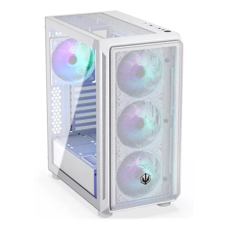 PC Midi Tower korpuss ENDORFY ARX 500 ARGB balta — rūdīts stikls, atbalsta ATX/Micro-ATX/Mini-ITX, 3x140mm priekšā + 1x140mm aizmugurē, 1×3,5 collu + 6×2,5 collu nodalījumi