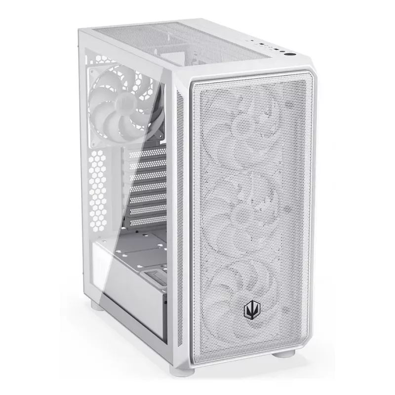 PC Midi Tower korpuss ENDORFY ARX 500 ARGB balta — rūdīts stikls, atbalsta ATX/Micro-ATX/Mini-ITX, 3x140mm priekšā + 1x140mm aizmugurē, 1×3,5 collu + 6×2,5 collu nodalījumi
