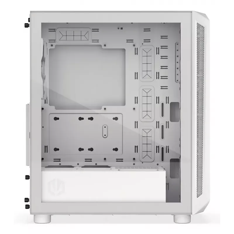 PC Midi Tower korpuss ENDORFY ARX 500 ARGB balta — rūdīts stikls, atbalsta ATX/Micro-ATX/Mini-ITX, 3x140mm priekšā + 1x140mm aizmugurē, 1×3,5 collu + 6×2,5 collu nodalījumi