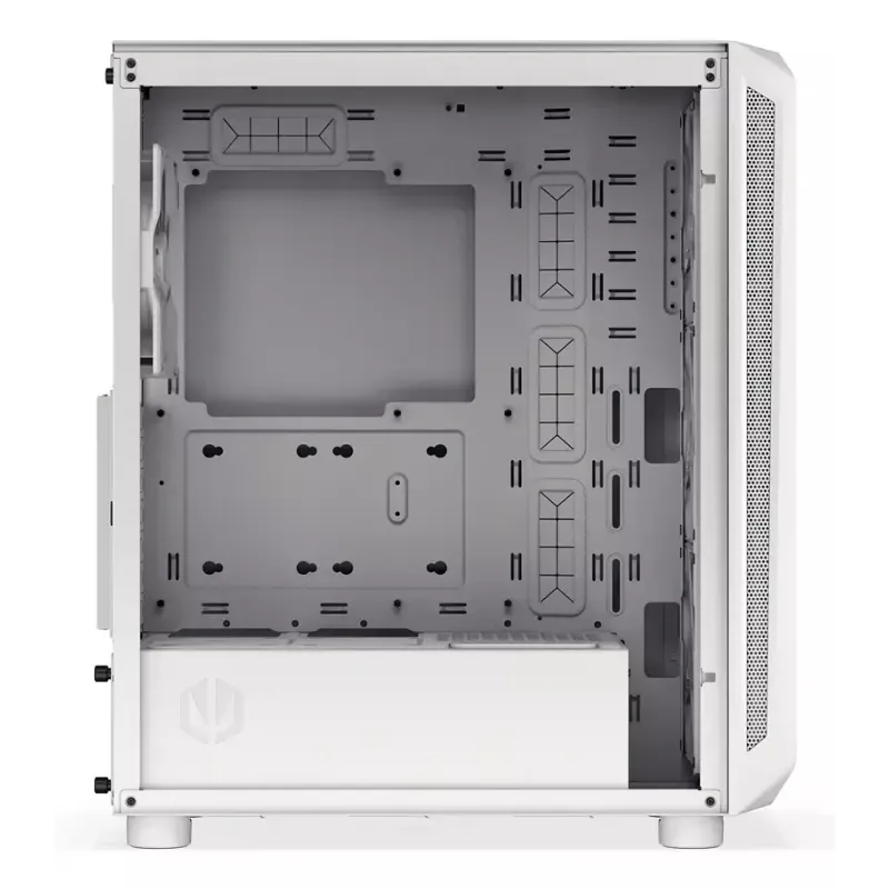 PC Midi Tower korpuss ENDORFY ARX 500 ARGB balta — rūdīts stikls, atbalsta ATX/Micro-ATX/Mini-ITX, 3x140mm priekšā + 1x140mm aizmugurē, 1×3,5 collu + 6×2,5 collu nodalījumi