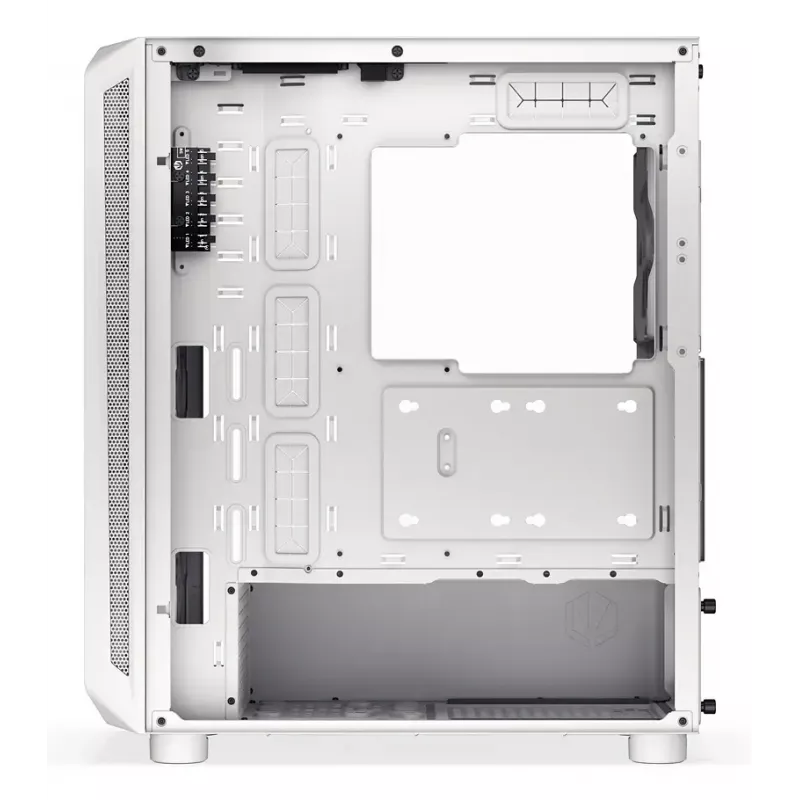 PC Midi Tower korpuss ENDORFY ARX 500 ARGB balta — rūdīts stikls, atbalsta ATX/Micro-ATX/Mini-ITX, 3x140mm priekšā + 1x140mm aizmugurē, 1×3,5 collu + 6×2,5 collu nodalījumi