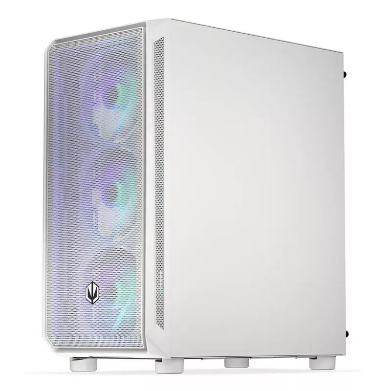 PC Midi Tower korpuss ENDORFY ARX 500 ARGB balta — rūdīts stikls, atbalsta ATX/Micro-ATX/Mini-ITX, 3x140mm priekšā + 1x140mm aizmugurē, 1×3,5 collu + 6×2,5 collu nodalījumi