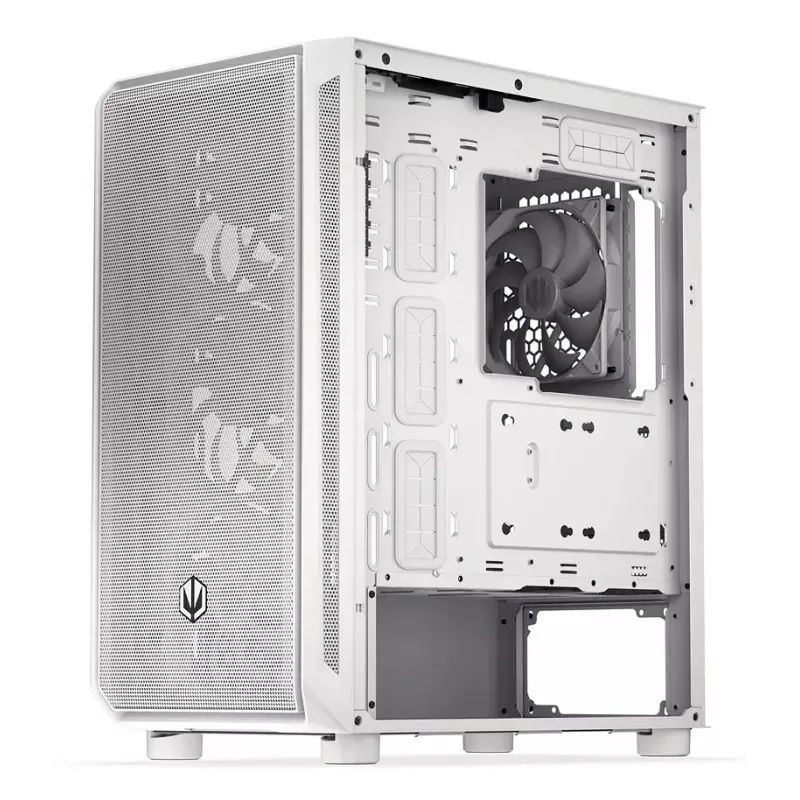 PC Midi Tower korpuss ENDORFY ARX 500 ARGB balta — rūdīts stikls, atbalsta ATX/Micro-ATX/Mini-ITX, 3x140mm priekšā + 1x140mm aizmugurē, 1×3,5 collu + 6×2,5 collu nodalījumi