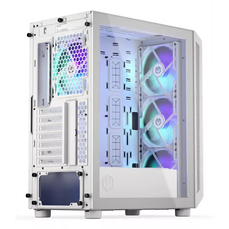 PC Midi Tower korpuss ENDORFY ARX 500 ARGB balta — rūdīts stikls, atbalsta ATX/Micro-ATX/Mini-ITX, 3x140mm priekšā + 1x140mm aizmugurē, 1×3,5 collu + 6×2,5 collu nodalījumi