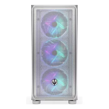 PC Midi Tower korpuss ENDORFY ARX 500 ARGB balta — rūdīts stikls, atbalsta ATX/Micro-ATX/Mini-ITX, 3x140mm priekšā + 1x140mm aizmugurē, 1×3,5 collu + 6×2,5 collu nodalījumi