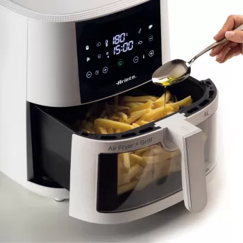 Ariete 4630 Gaisa cepeškrāsns 9L, 1300W, Tilpums 9L, Gatavošanas tilpums 2,5 kg, 8 iepriekš iestatītas programmas, Temperatūra līdz 200°, Caurspīdīgs grozs gatavošanas kontrolei, Balta