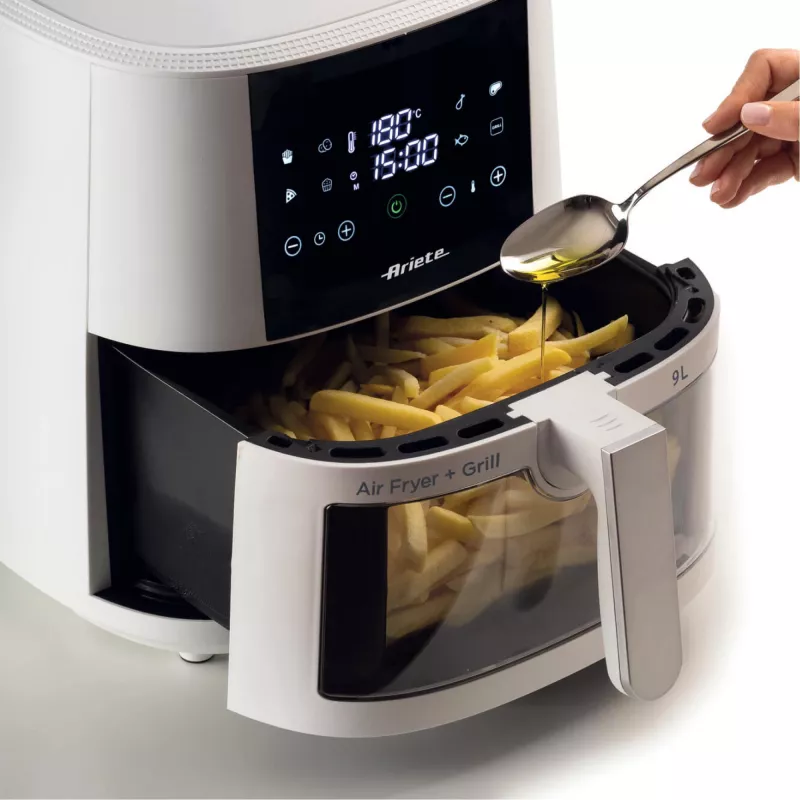 Ariete 4630 Gaisa cepeškrāsns 9L, 1300W, Tilpums 9L, Gatavošanas tilpums 2,5 kg, 8 iepriekš iestatītas programmas, Temperatūra līdz 200°, Caurspīdīgs grozs gatavošanas kontrolei, Balta