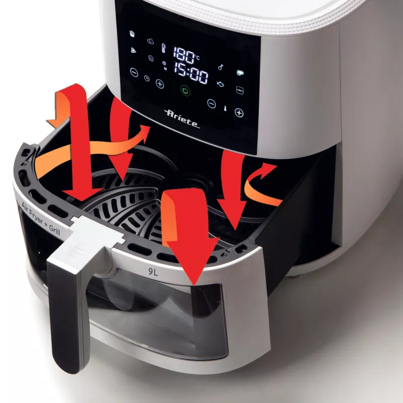 Ariete 4630 Gaisa cepeškrāsns 9L, 1300W, Tilpums 9L, Gatavošanas tilpums 2,5 kg, 8 iepriekš iestatītas programmas, Temperatūra līdz 200°, Caurspīdīgs grozs gatavošanas kontrolei, Balta