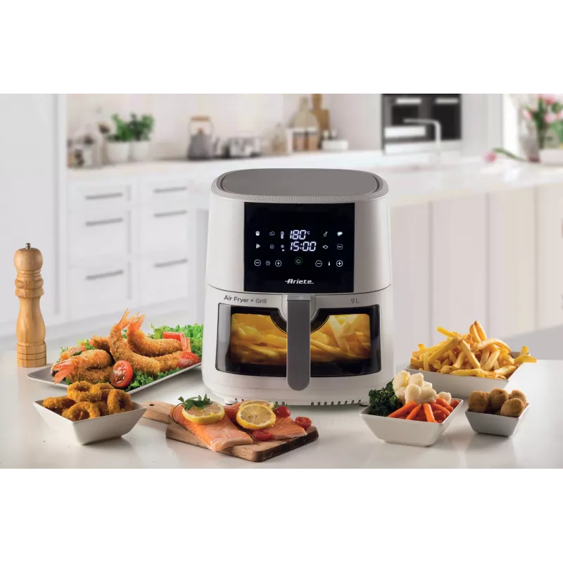 Ariete 4630 Gaisa cepeškrāsns 9L, 1300W, Tilpums 9L, Gatavošanas tilpums 2,5 kg, 8 iepriekš iestatītas programmas, Temperatūra līdz 200°, Caurspīdīgs grozs gatavošanas kontrolei, Balta