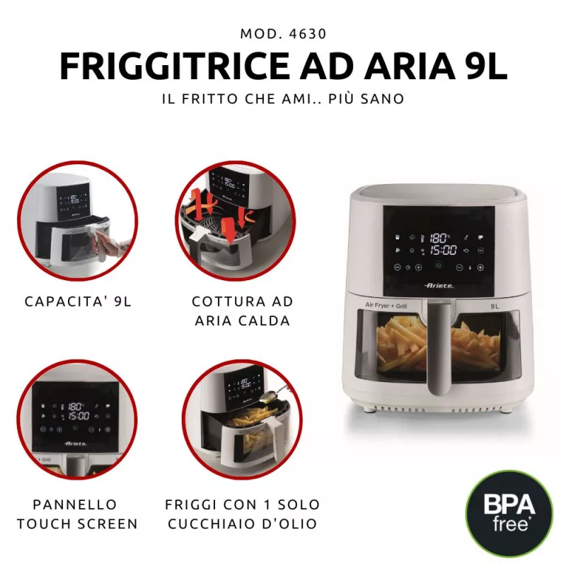 Ariete 4630 Gaisa cepeškrāsns 9L, 1300W, Tilpums 9L, Gatavošanas tilpums 2,5 kg, 8 iepriekš iestatītas programmas, Temperatūra līdz 200°, Caurspīdīgs grozs gatavošanas kontrolei, Balta