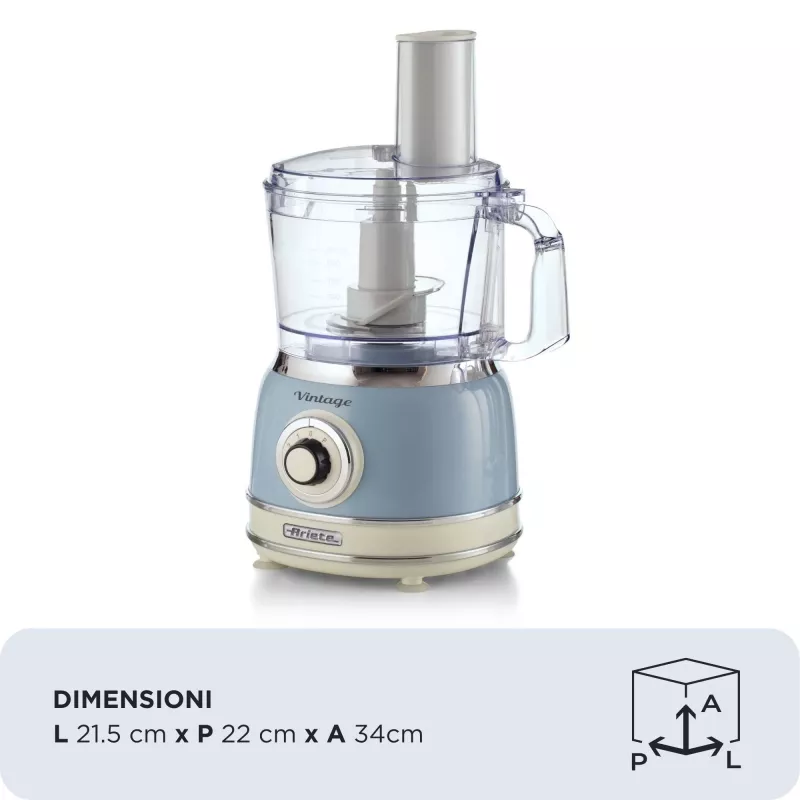 Virtuves kombains ARIETE Vintage Line 1781/05 — 1000 W, 2,1 L bļoda, rotācijas vadība, nerūsējošā tērauda asmens, zils