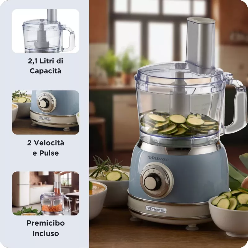 Virtuves kombains ARIETE Vintage Line 1781/05 — 1000 W, 2,1 L bļoda, rotācijas vadība, nerūsējošā tērauda asmens, zils