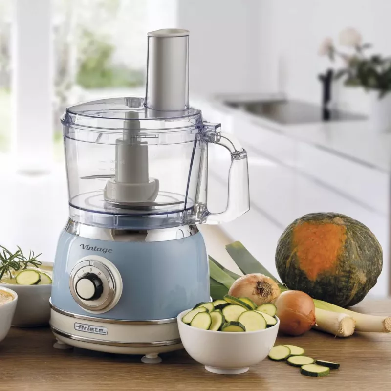 Virtuves kombains ARIETE Vintage Line 1781/05 — 1000 W, 2,1 L bļoda, rotācijas vadība, nerūsējošā tērauda asmens, zils
