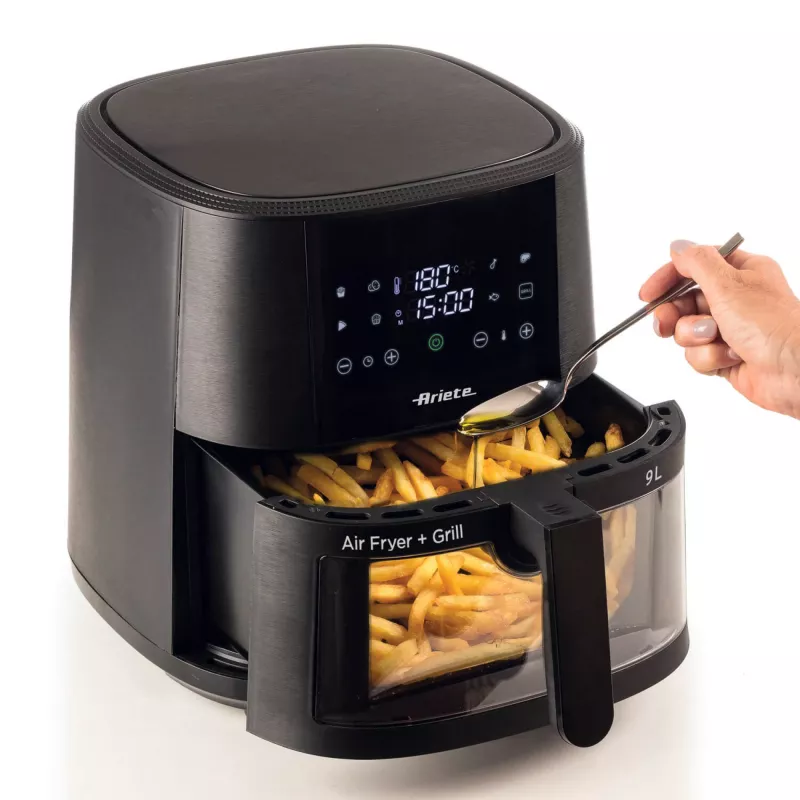 Ariete 4630 Karstā gaisa fritieris 9L, 1300W, Tilpums 9L, Gatavošanas tilpums 2.5kg, 8 iepriekš iestatītas programmas, Temperatūra līdz 200°, Caurspīdīgs grozs gatavošanas kontrolei, Melns