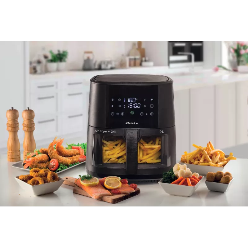 Ariete 4630 Karstā gaisa fritieris 9L, 1300W, Tilpums 9L, Gatavošanas tilpums 2.5kg, 8 iepriekš iestatītas programmas, Temperatūra līdz 200°, Caurspīdīgs grozs gatavošanas kontrolei, Melns