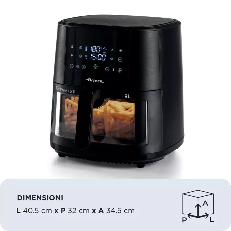 Ariete 4630 Karstā gaisa fritieris 9L, 1300W, Tilpums 9L, Gatavošanas tilpums 2.5kg, 8 iepriekš iestatītas programmas, Temperatūra līdz 200°, Caurspīdīgs grozs gatavošanas kontrolei, Melns