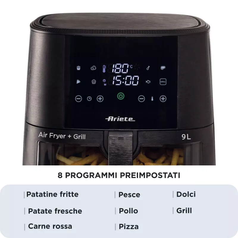 Ariete 4630 Karstā gaisa fritieris 9L, 1300W, Tilpums 9L, Gatavošanas tilpums 2.5kg, 8 iepriekš iestatītas programmas, Temperatūra līdz 200°, Caurspīdīgs grozs gatavošanas kontrolei, Melns