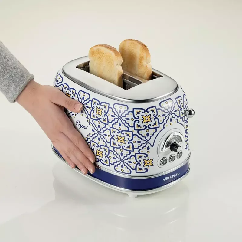 Ariete 155 Toaster Capri, 810 W, 2 šķēles, 6 apbrūnināšanas līmeņi, drupatu paplāte, atkausēšanas funkcija, automātiska izmešana, bez skavām