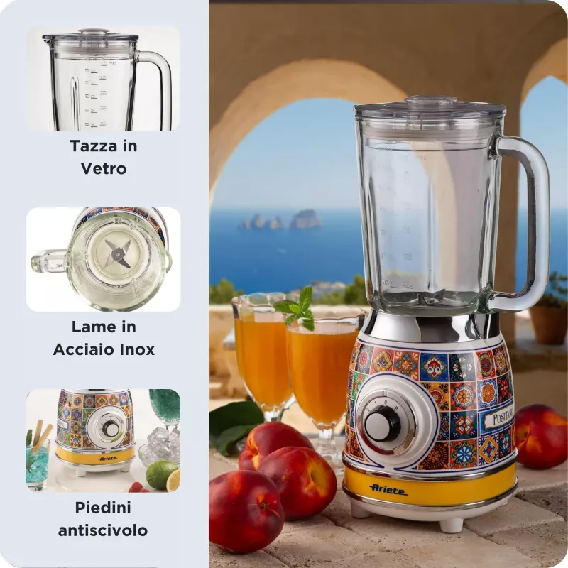Ariete 583 Positano blenderis ar 1,5 litru stikla kannu, 4 nerūsējošā tērauda asmeņiem, 4 ātrumiem + impulsa režīms, 1000 W