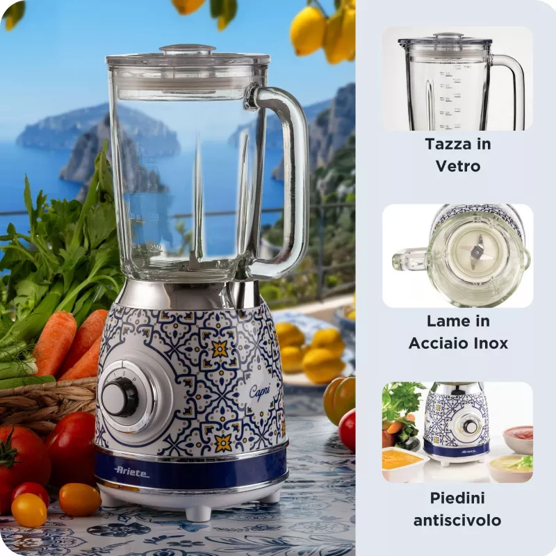 Ariete 583 Capri blenderis ar 1,5 litru stikla trauku, 4 nerūsējošā tērauda asmeņiem, 4 ātrumiem + pulsa funkcija, 1000 W