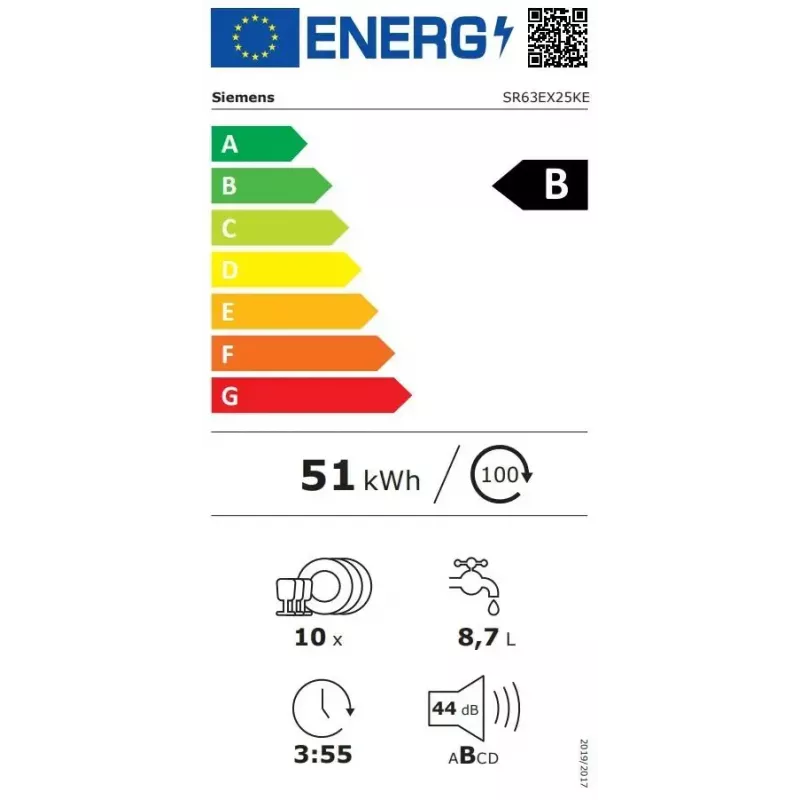 Pilnībā iebūvējama trauku mazgājamā mašīna Siemens iQ300 SR63EX25KE — Slimline 45 cm, 10 galda klājumu vietas, 44 dB, Enerģijas klase B