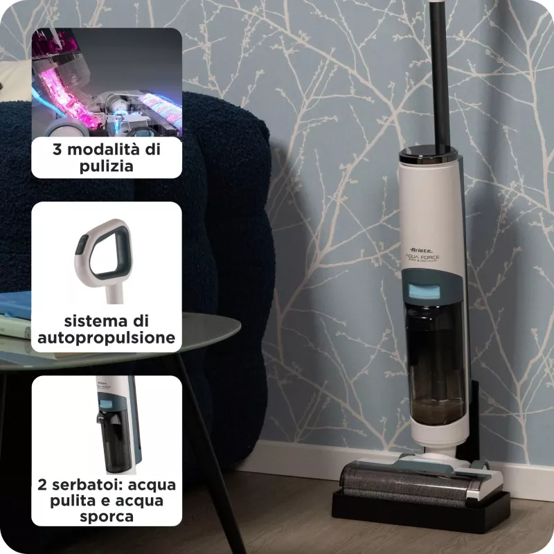 Ariete 2483 Aqua Force Wash & Vacuum, viedais putekļsūcējs, bezvadu grīdas tīrītājs, bezvadu, sūc un tīra, mājdzīvnieku mati, sausie un slapjie netīrumi, 700 ml tilpums, komplektā iekļauti piederumi