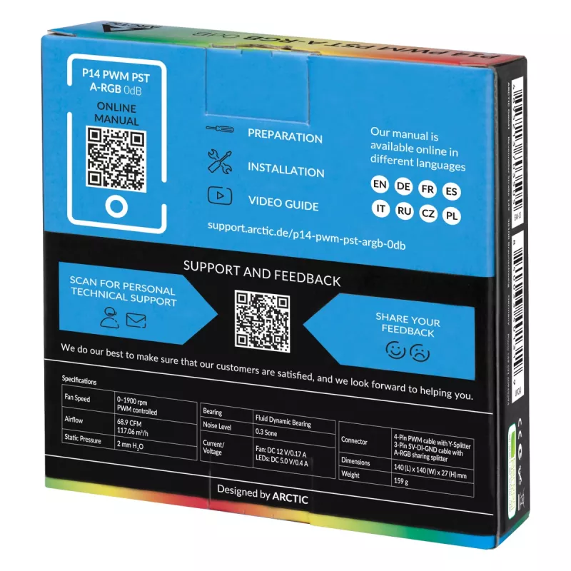 ARCTIC P14 PWM PST A-RGB 0dB - daļēji pasīvs 140 mm ventilators ar digitālo A-RGB