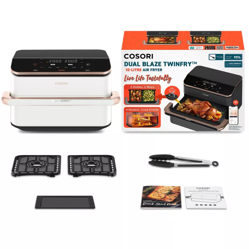 Cosori Dual Blaze Twinfry Chef Edition dubultā 10 L brīvstāvoša 2800 W karstā gaisa fritieris rožu zelta, balta
