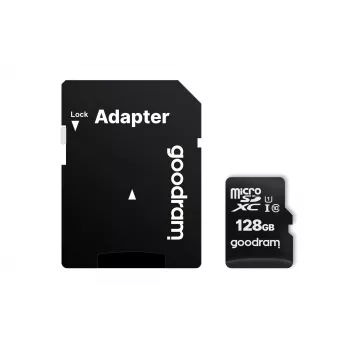 GOODRAM 128 GB MicroSDXC UHS-I Class 10 zibatmiņas karte (lasīšana 100 MB/s, rakstīšana 10 MB/s) ar SD adapteri