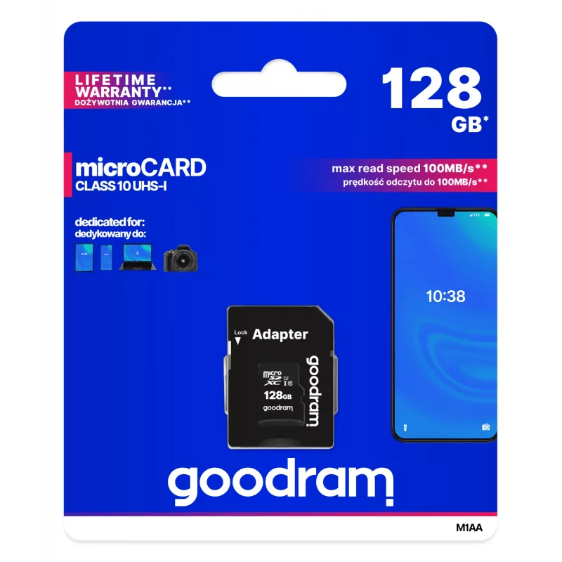 GOODRAM 128 GB MicroSDXC UHS-I Class 10 zibatmiņas karte (lasīšana 100 MB/s, rakstīšana 10 MB/s) ar SD adapteri