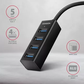 Axagon HUE-M1C 4x USB 3.2 Gen 1 MINI centrmezgls, metāla, 20cm USB-C kabelis