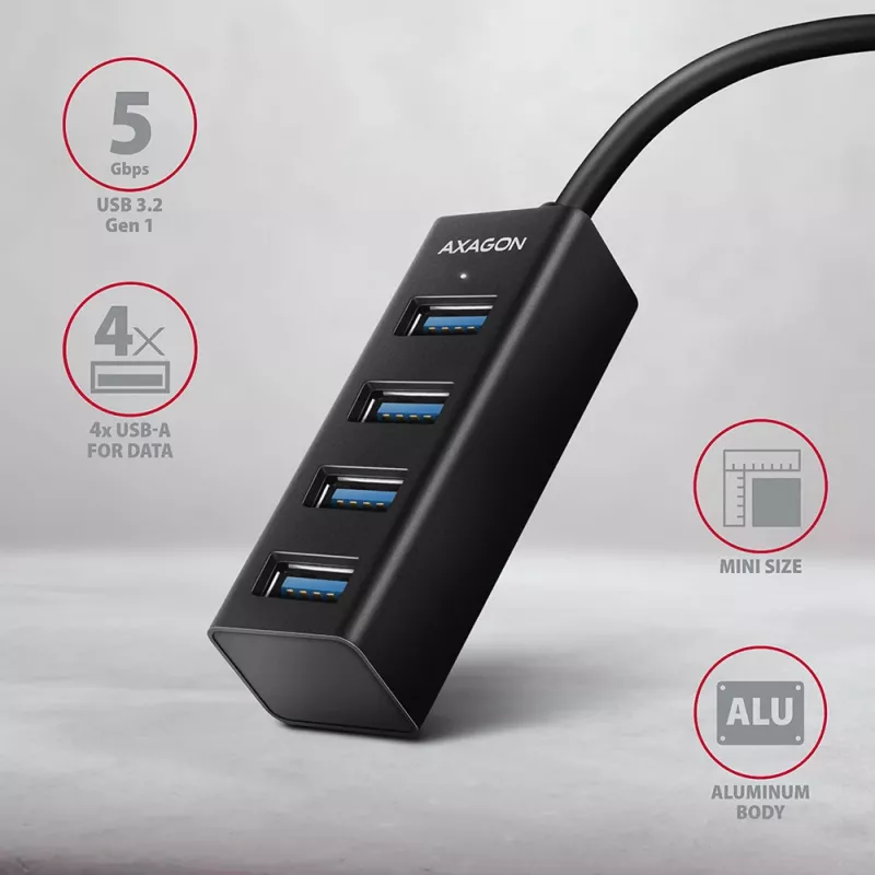Axagon HUE-M1C 4x USB 3.2 Gen 1 MINI centrmezgls, metāla, 20cm USB-C kabelis