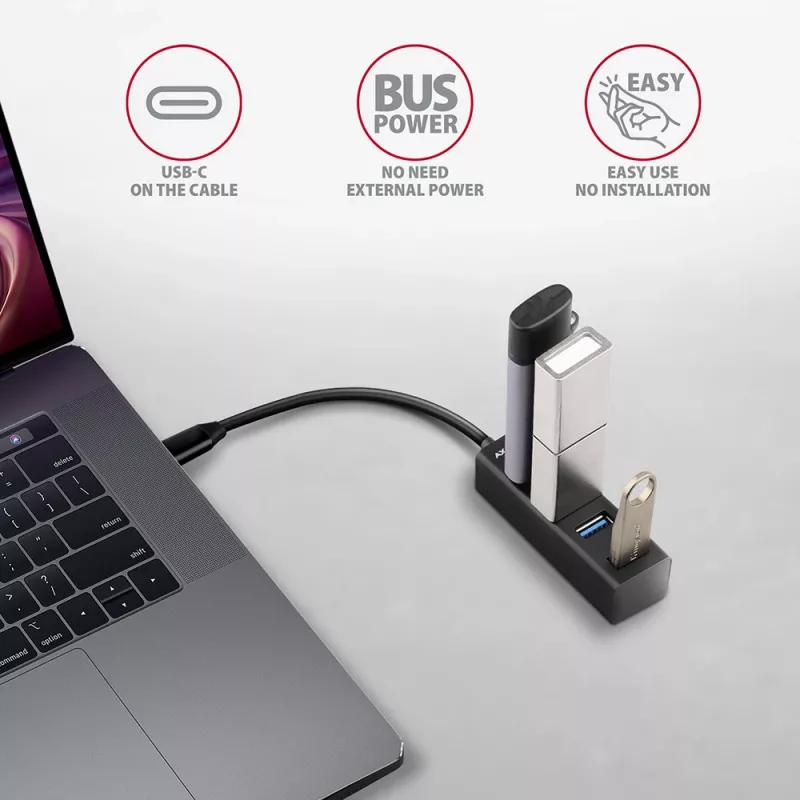 Axagon HUE-M1C 4x USB 3.2 Gen 1 MINI centrmezgls, metāla, 20cm USB-C kabelis