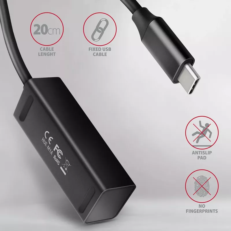 Axagon HUE-M1C 4x USB 3.2 Gen 1 MINI centrmezgls, metāla, 20cm USB-C kabelis