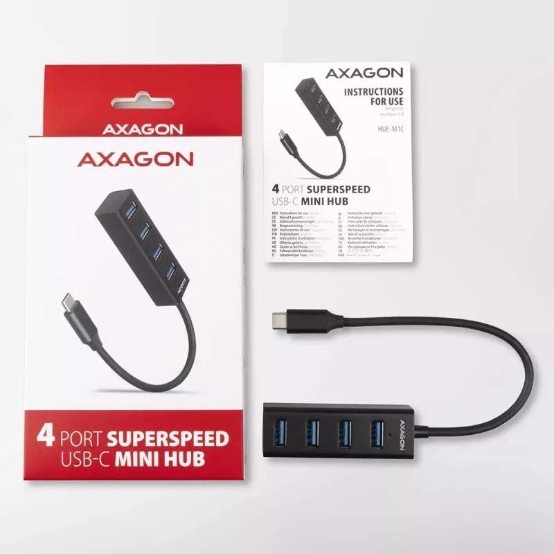 Axagon HUE-M1C 4x USB 3.2 Gen 1 MINI centrmezgls, metāla, 20cm USB-C kabelis