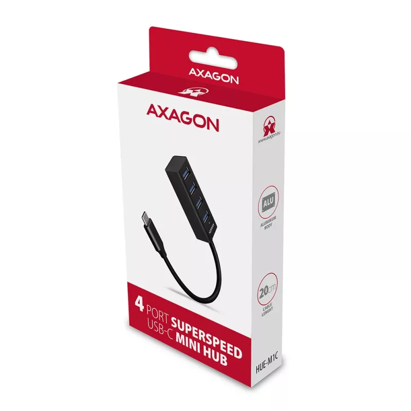 Axagon HUE-M1C 4x USB 3.2 Gen 1 MINI centrmezgls, metāla, 20cm USB-C kabelis