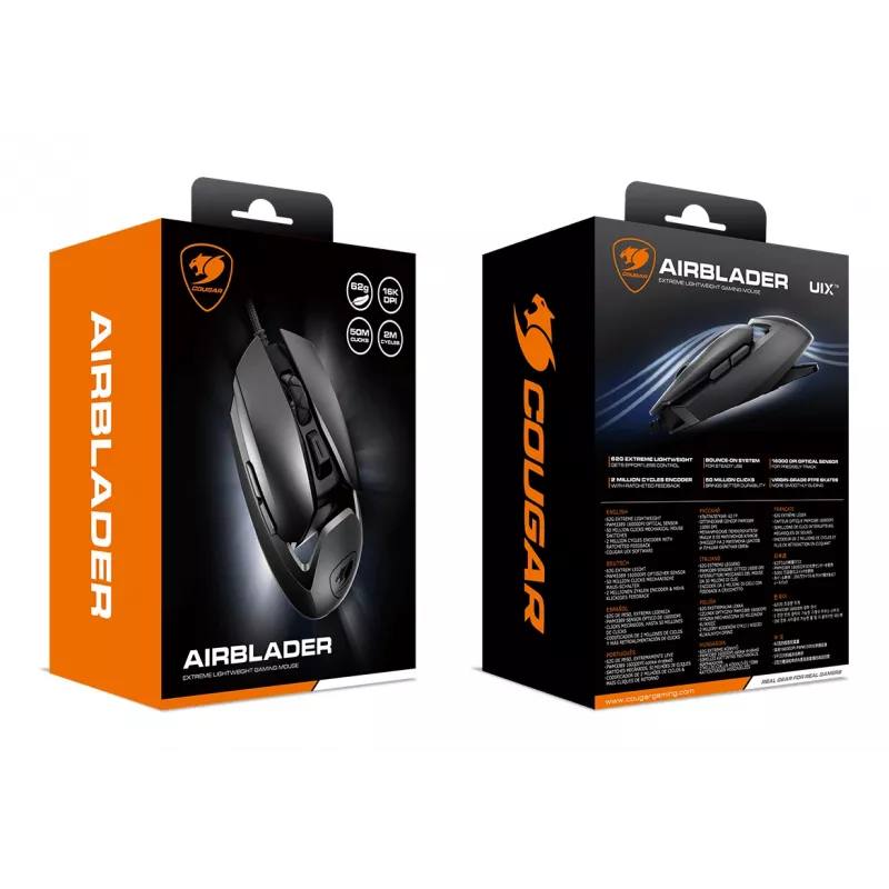 COUGAR Gaming pele AirBlader, vadu, melna, optiskā, USB Type-A, 16000 DPI, melna