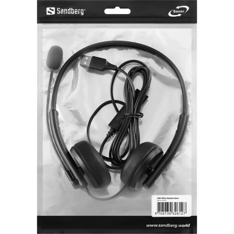 Sandberg USB Office Headset Saver, vadu, zvani/mūzika, 20–20000 Hz, 150 g, austiņas, melnas