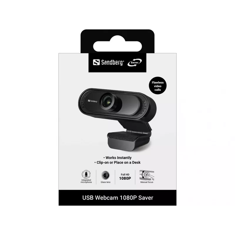 Sandberg USB Webcam 1080P Saver, 2 MP, 1920 x 1080 pikseļi, Full HD, 30 kadri/s, 1920x1080@30kadri/s, 1080p