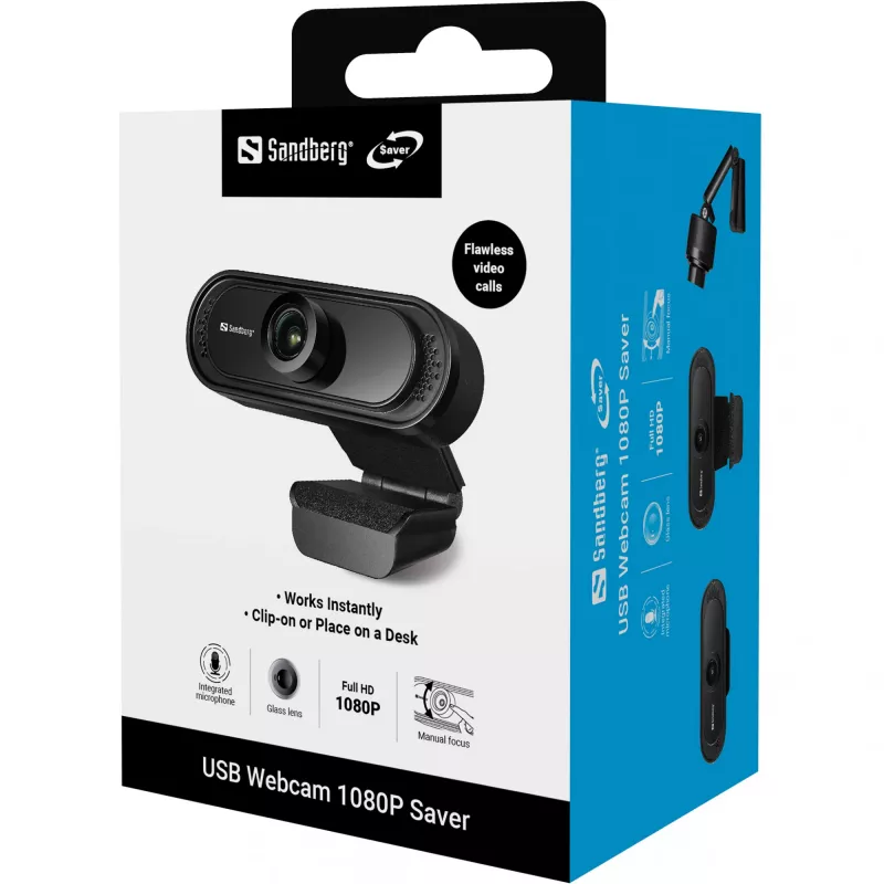 Sandberg USB Webcam 1080P Saver, 2 MP, 1920 x 1080 pikseļi, Full HD, 30 kadri/s, 1920x1080@30kadri/s, 1080p