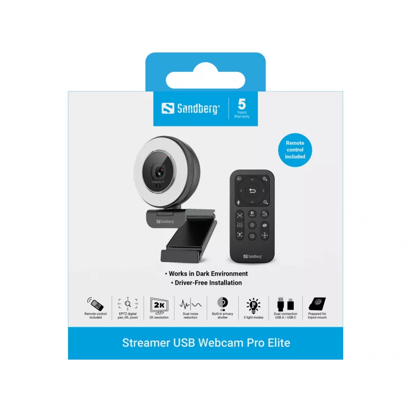 Sandberg Streamer USB Webcam Pro Elite 2560x1440 60fps Melna