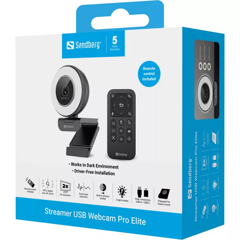 Sandberg Streamer USB Webcam Pro Elite 2560x1440 60fps Melna