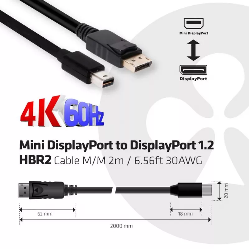 CLUB3D Mini DisplayPort uz DisplayPort 1.2 M/M 2m/6.56ft 4K60Hz